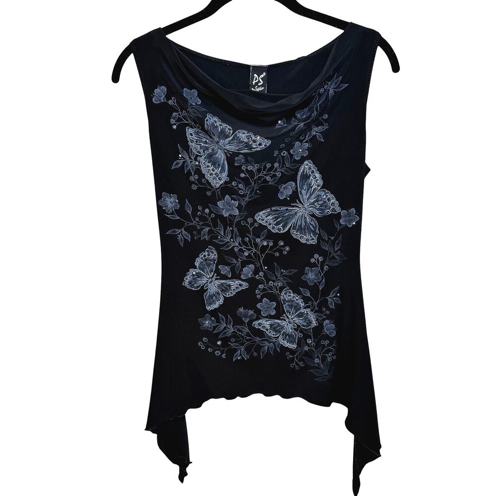 Y2K PerSeption Butterfly Sequin Asymmetric Hem Cowl Neck Women’s S Whinsigoth